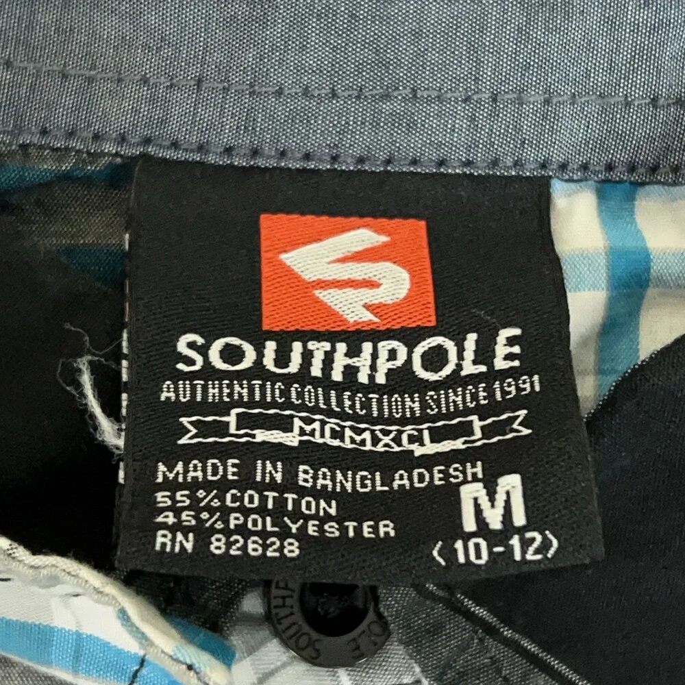 Southpole Shirt Boys Medium Black‎ Gray Blue Plaid Long Sleeve Western Button Up